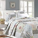 Cozy Line Home Fashions Moorea Floral Gray Yellow Coral Aqua Blue Patchwork Microfiber Reversible Bedding Quilt Set, Coverlet, Bedspread (Fleur-de-lis, King - 3 Piece)