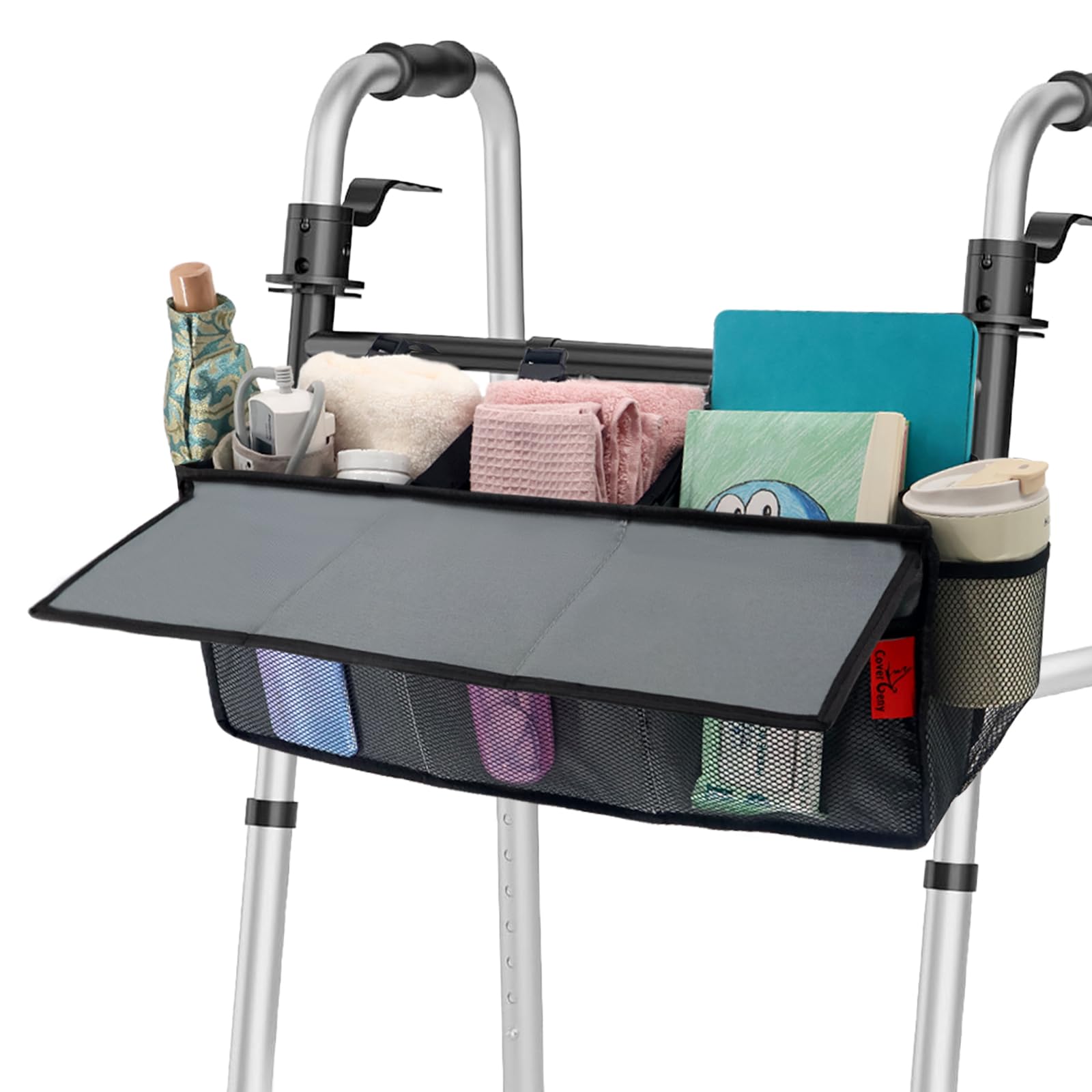 Extra Large Bariatric Walker Basket for 21"-26" Width Folding Walker/Rollators, Extra Wide Walker Storage Baskets with Cup Holder, Lid &amp; Multiple Pocket, Easy to Use Walker Tote Bag for Seniors, Grey.