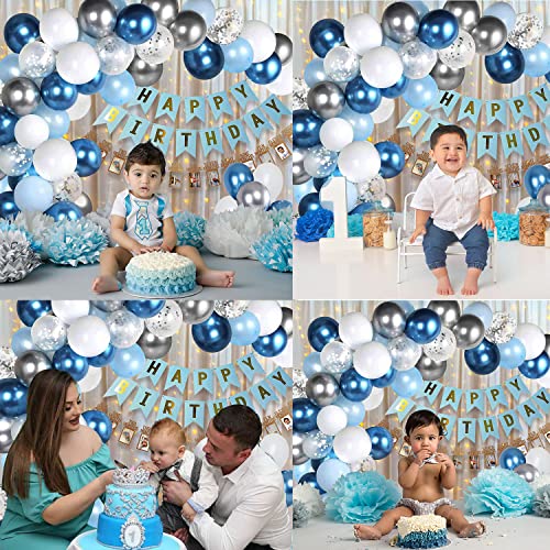 Image of Party Propz 1st Birthday Decoration Kit For Boys - 53 Pcs 12 Months Photo Banner for Birthday, Birthday Banner, Net Curtains, String Light, White, Silver And Blue And Silver Birthday Decoration Kit