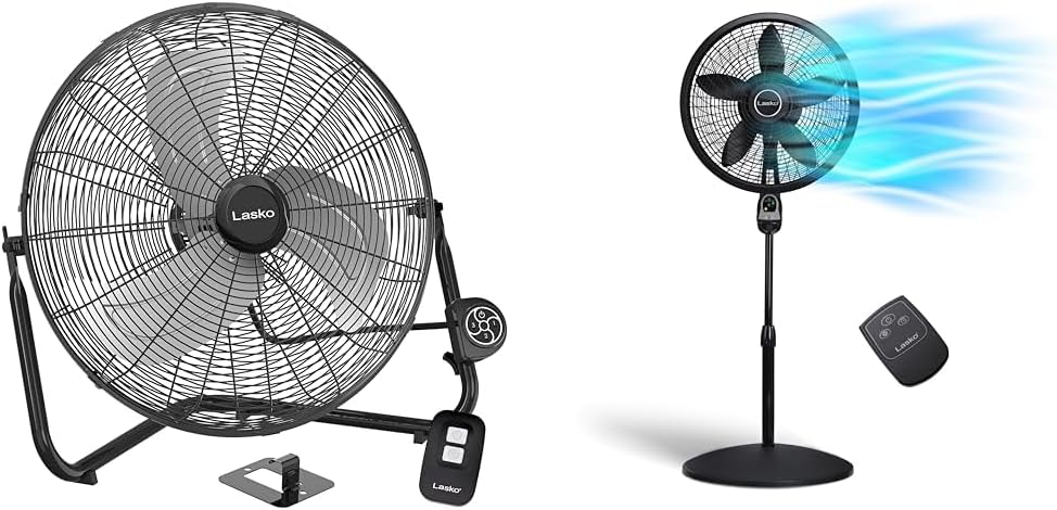 Lasko High Velocity 20" 3-Speed Remote Control Floor/Wall Mount Fan and 18" Oscillating Pedestal Fan with Adjustable Height and Timer