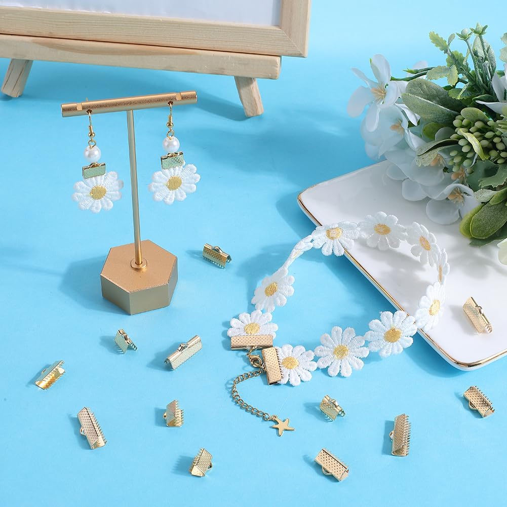 Beebeecraft 1 Box 48Pcs Ribbon Crimp Ends 18K Gold Plated 304 Stainless Steel 4 Sizes Cord Ends Crimp Ends for Jewelry Making