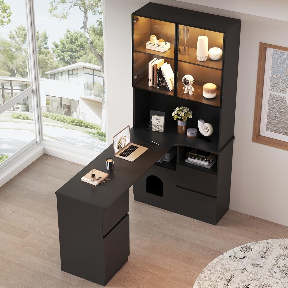 Bureau d'angle 120x80x180cm avec étagères et vitrine LED, Bureau Gaming avec Rangement, Meuble de Bureau pour Chambre et Bureau à Domicile (Noir-Droit)