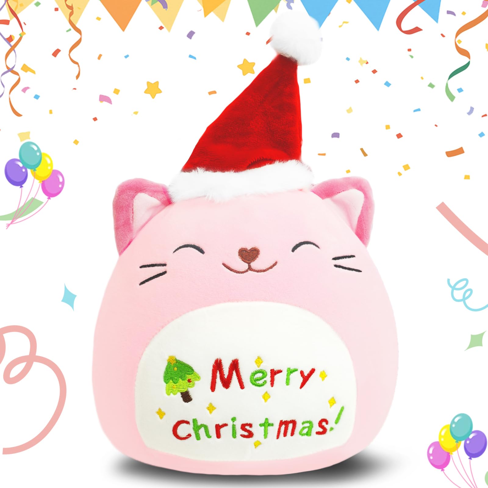AMFUN 10" Merry Christmas Stuffed Animal Plush Pillow,Cute Cat Plush Toy with Santa Hat, Cat Soft Toys for Kids Toddlers-25CM