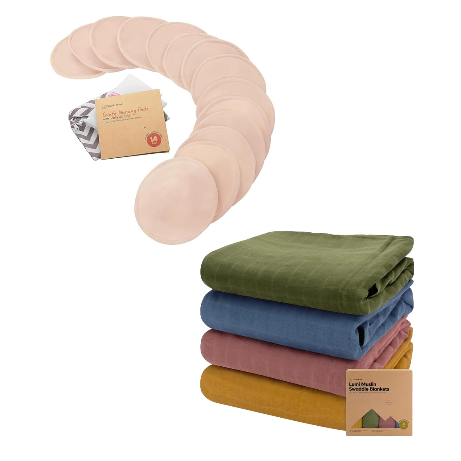 Keababies Reusable Nursing Pads and 4-Pack Muslin Swaddle Blankets for Baby Boys, Girls - 14 Washable Breastfeeding Pads + Wash Bag - Baby Blankets, Newborn Receiving Blanket