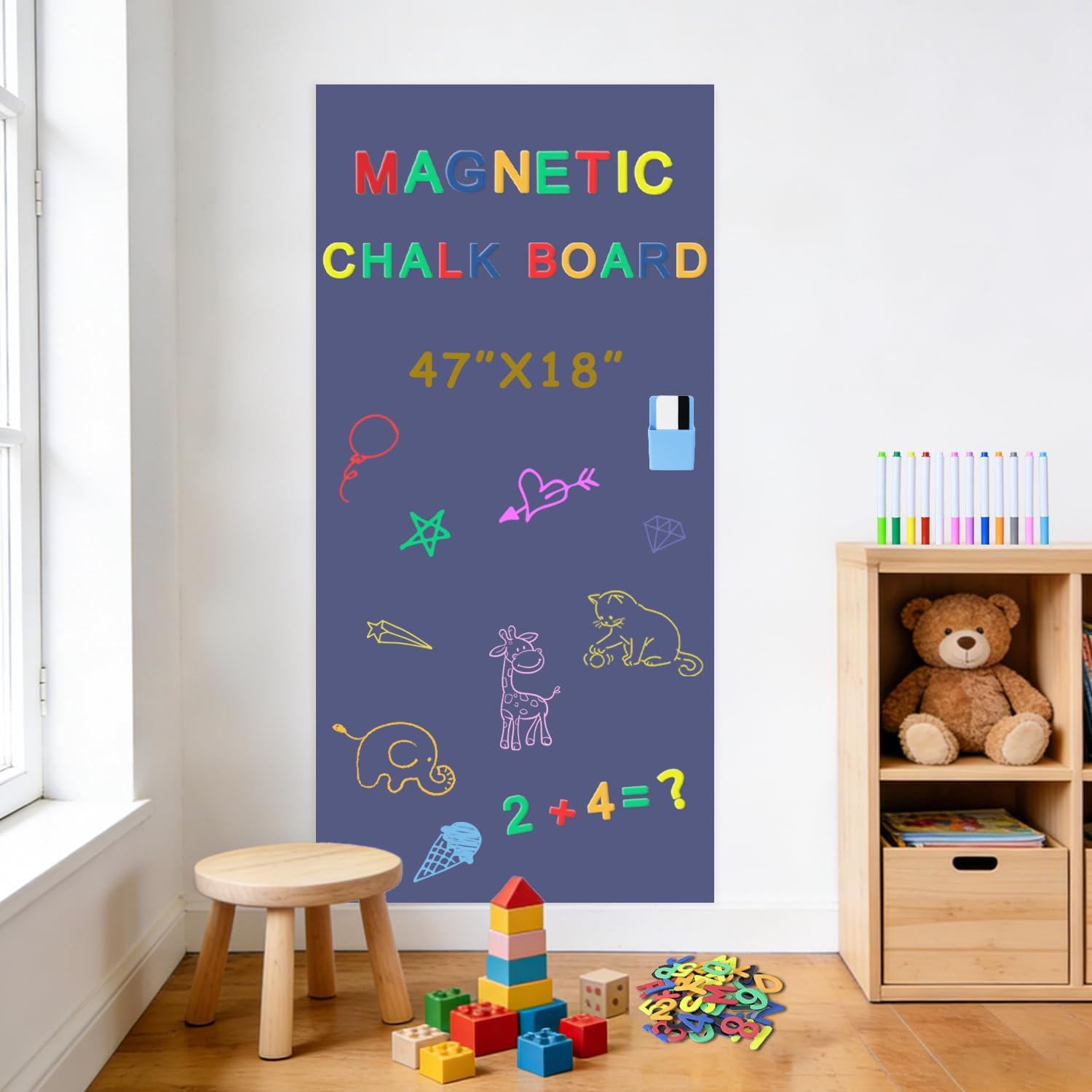 47.2" x 17.5" Large Magnetic Wall Decal Dusty Blue Self-Adhesive Magnet Chalkboard Wallpaper with Bonus Magnet Letters and Multiple Accessories for Kids Play Room Essentials Magnetic Wall Sticker