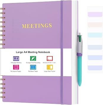 Meeting Notebook for Work, Notebooks for Work 8.5" x 11", Professional Meeting Notes Notebook for Women, Large Spiral Notebook with Numbered Page, Sticky Tabs, PVC Pockets for Organization, Purple