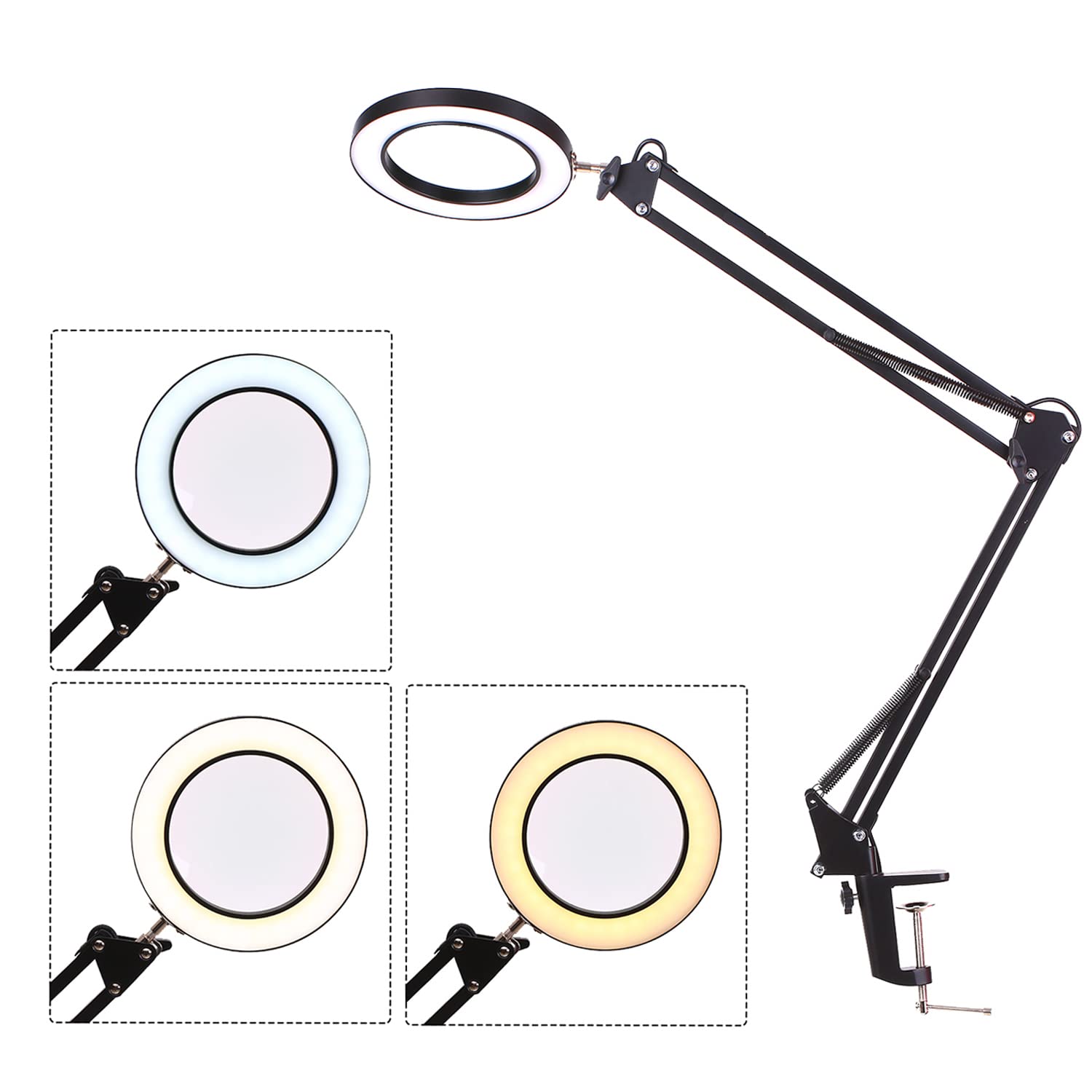 Lámpara de Aumento LED Ampliación 5X, Lámpara de Lupa con Luz,3 Modos de Color 10 Niveles Regulables, Alimentación USB,Lámpara de Brazo Giratorio Ajustable con Clip