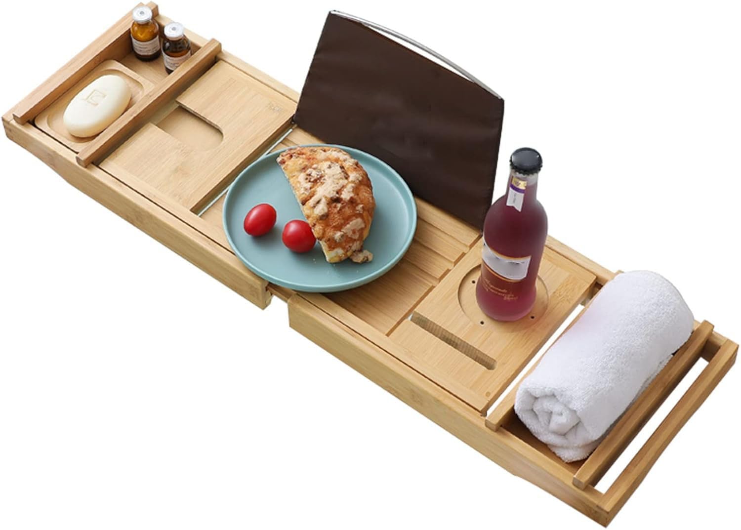 Rozszerzana bambusowa taca do wanny z uchwytem na wino i uchwytem na tablet - luksusowy dodatek do łazienki, idealny do relaksu w łazience, Leg-Natural