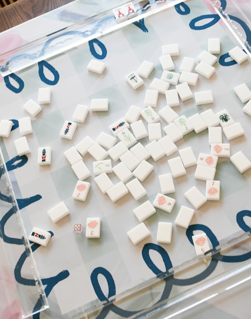 Large Neoprene Mahjong and Craft Mat - Waterproof Floral & Gingham Table Protector, Non-Slip Table Cover for Gaming, Arts, Crafts, & Home Decor - 33.5 x 33.5 (Blue & Pink)