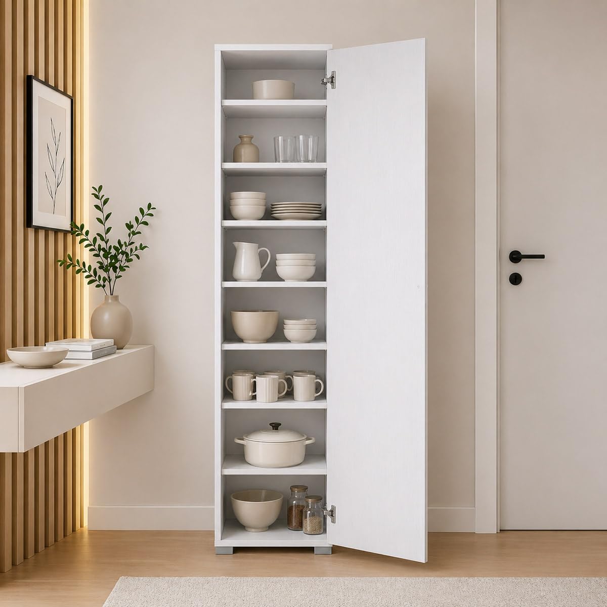 Yellowshop - Armadio Colonna Multiuso Salvaspazio con 7 Ripiani regolabili – Mobile Alto a 1 Anta per Cucina, Bagno, Ingresso o Lavanderia – Made in Italy diversi colori (Bianco)