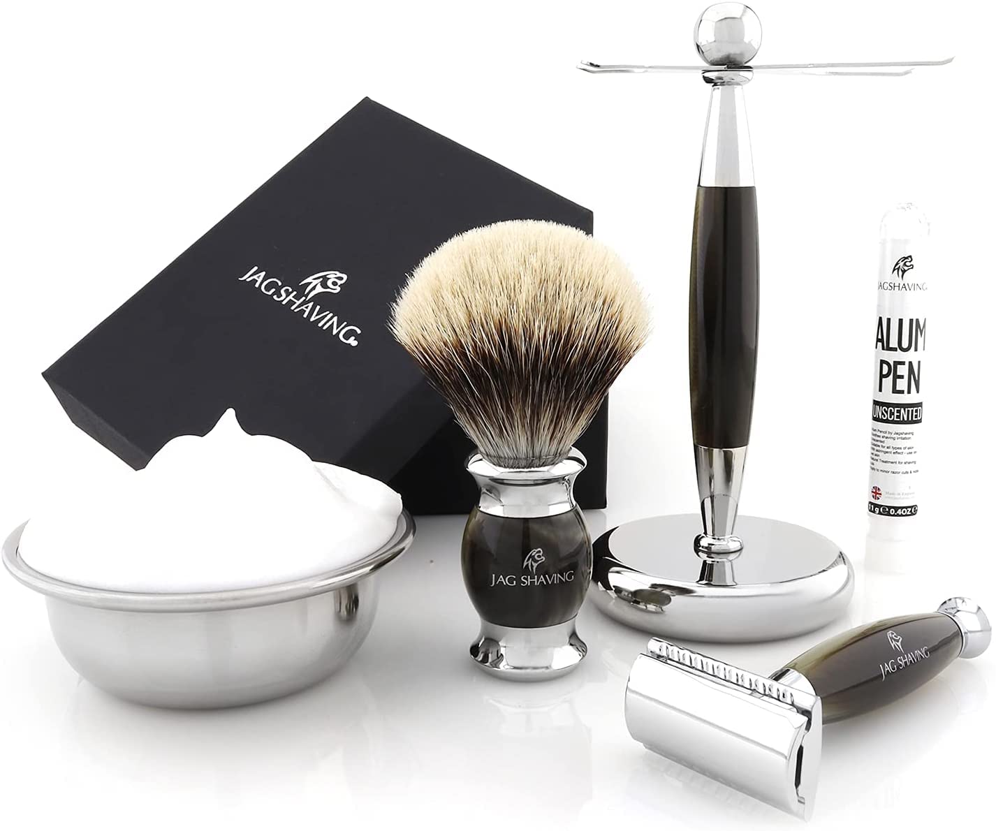 Jag Shaving Jag's Lee Range - Juego de afeitado de 3 piezas (brocha de afeitar de pelo de tejón puntiagudo, cuchillas de afeitar de doble filo, soporte para afeitar, imitación de hornión verde)