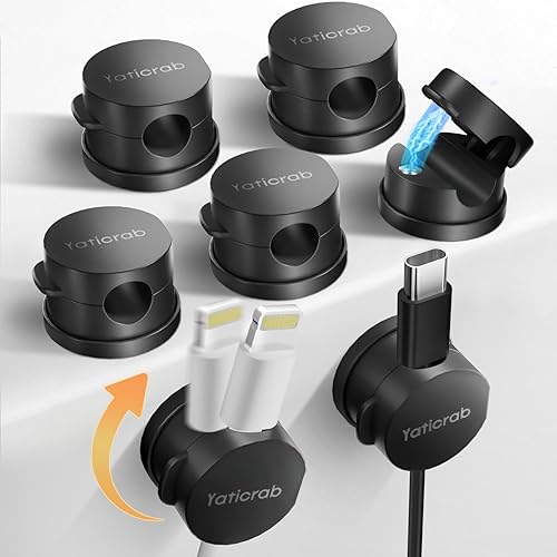 Soporte magnético para cables para escritorio y mesita de noche, paquete de 7 clips de cable giratorios de 360, adhesivo fuerte, se adapta a ranuras