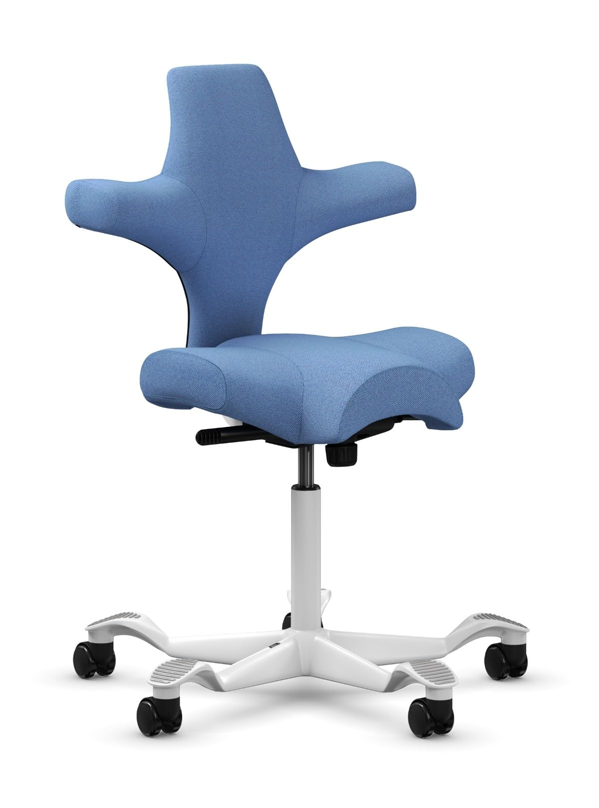 HAG Capisco Sit to Stand Chair-White Frame-Upholstered Light Blue Washed