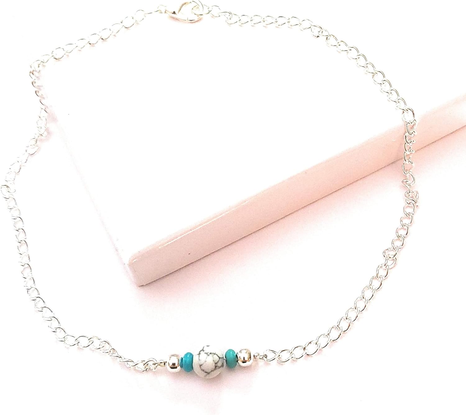Plus Size Dainty Anklet Chain Howlite Turquoise Ankle Bracelet Chain Poolside Jewelry Gift Boxed 12 Inch