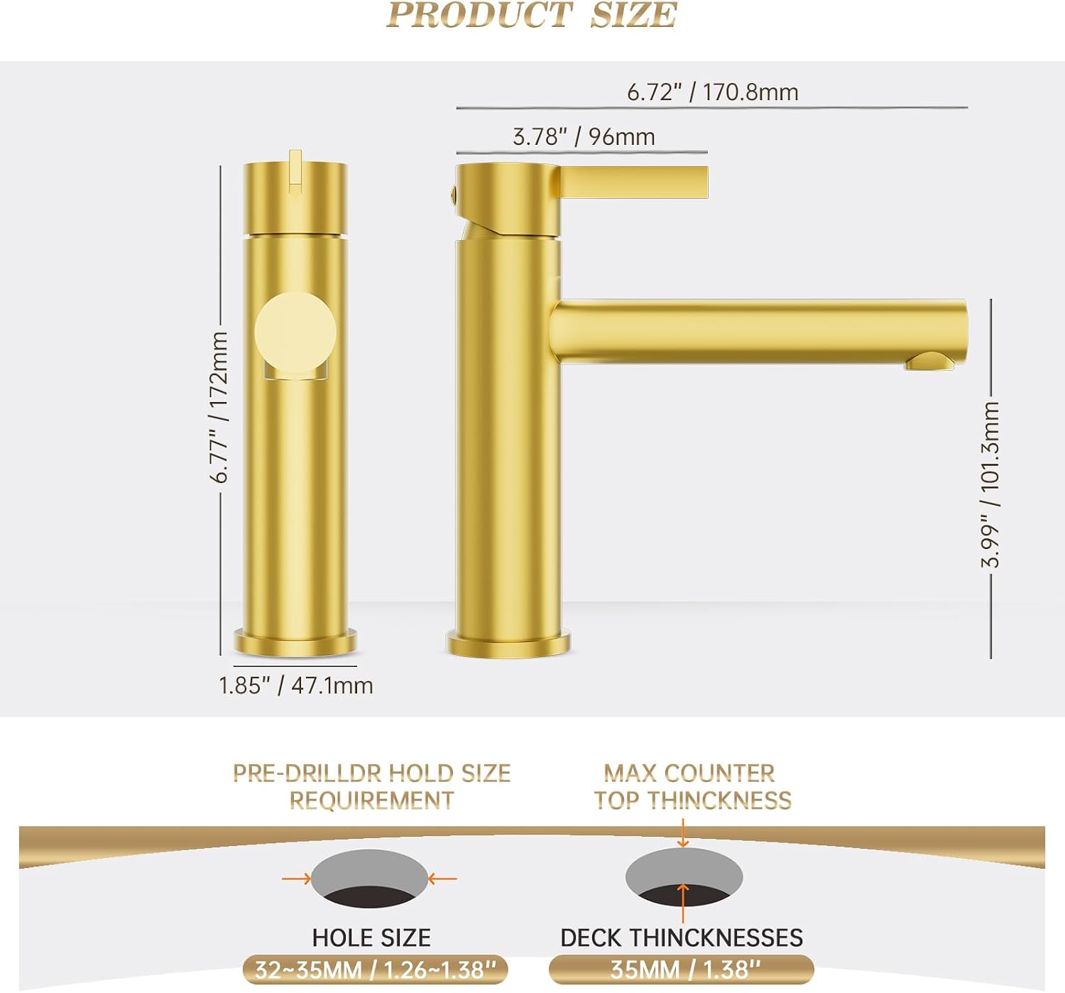 Phiestina Single Hole Brushed Gold Single Handle Bathroom Sink Faucet, Modern Bathroom Faucet with Metal Pop-up Drain & Water Supply Line, FH01-BG
