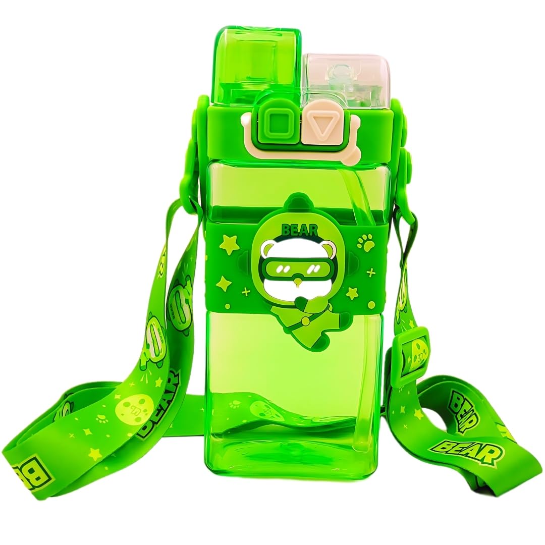 PLUSPOINT Trendy Water Bottle for Kids with Carry Strap to Hang Double drinking Caps Sipper Bottle with Straw & Wide Mouth Leakproof, BPA Free Tritan Water Bottle for School Kids 520ML (Green)