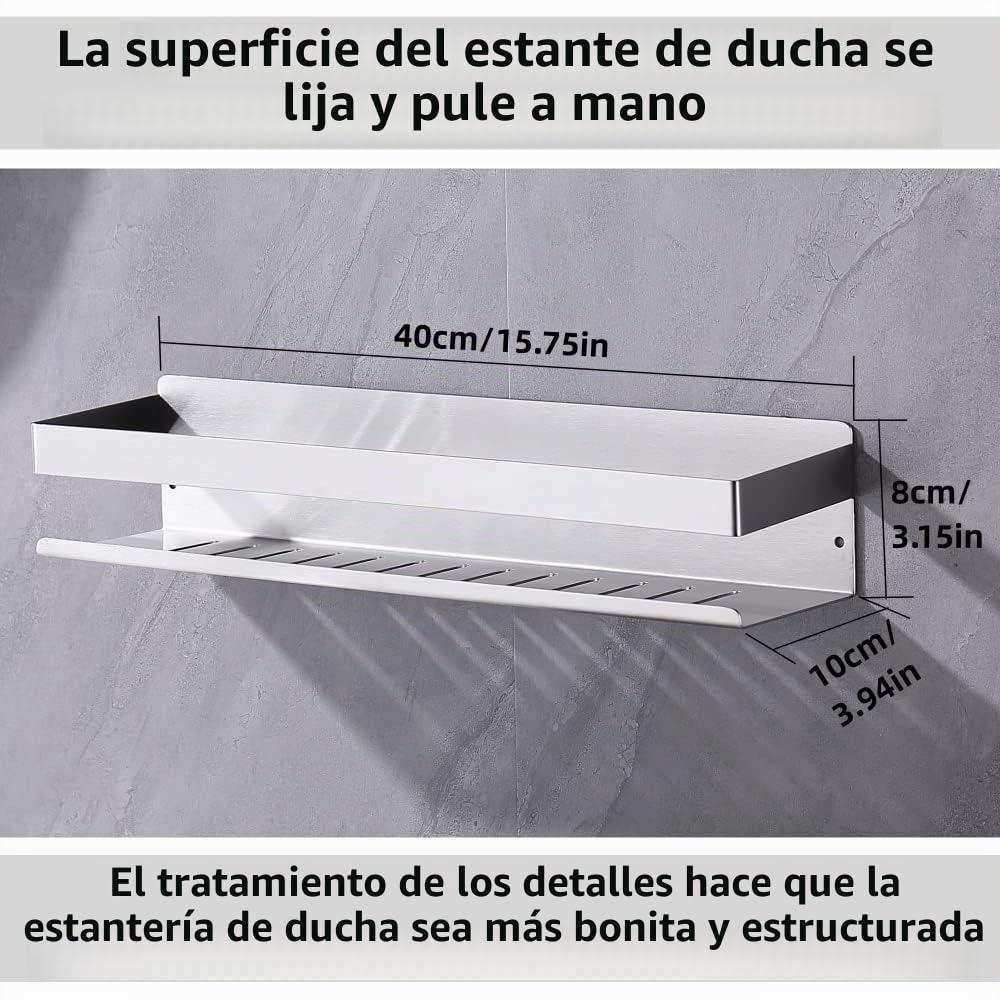 SUS304 - Estante de ducha autoadhesivo, estante para baño sin taladrar, acero inoxidable, adhesivo, cesta de ducha, níquel cepillado, 40 cm
