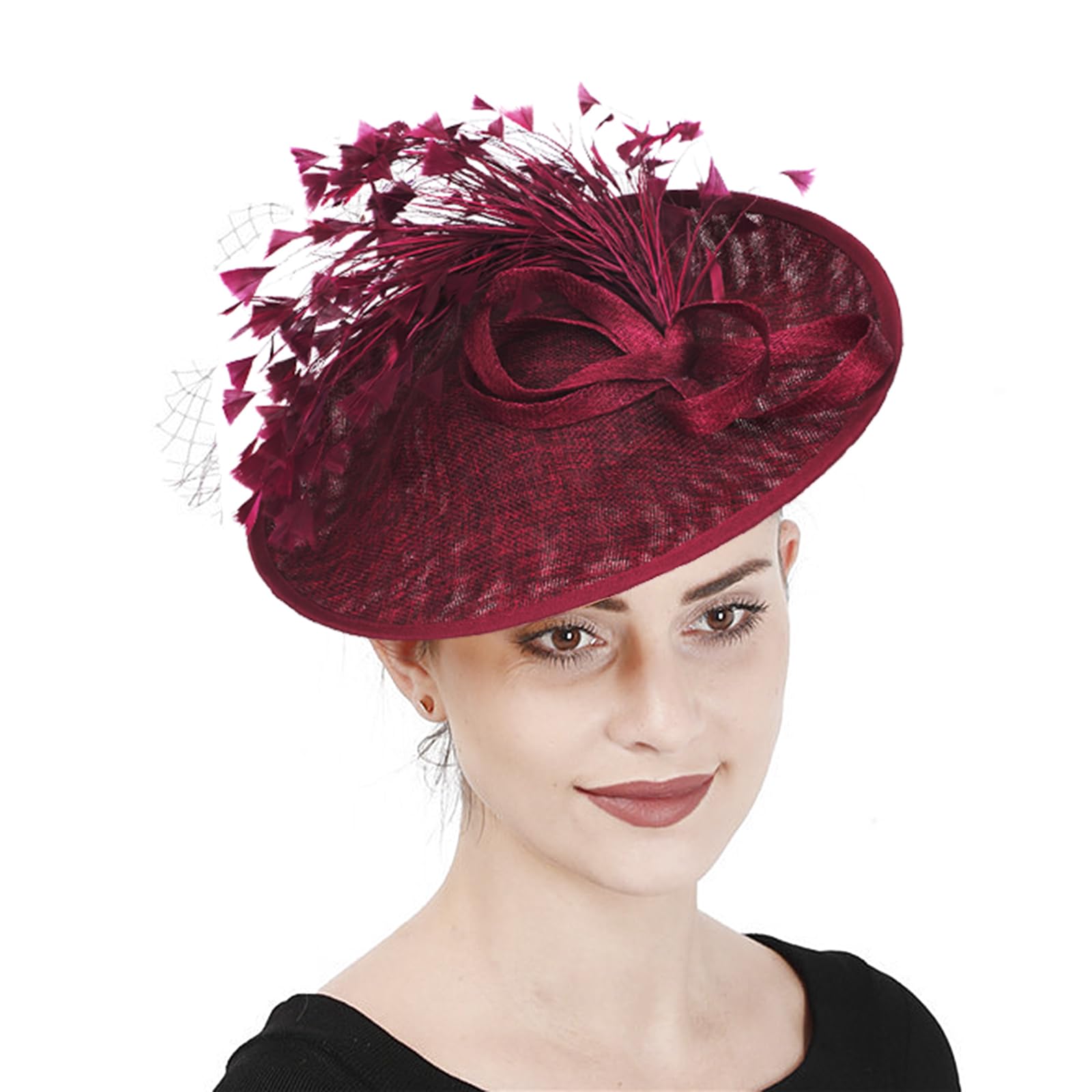 Ipenny Women's Style-2: Wine Red Large Show Stage Fascinator Hats Pillbox Hat Bowler Veil Mesh Feather Headwear For Lady Girls Wedding Party (Style-2: Wine Red)