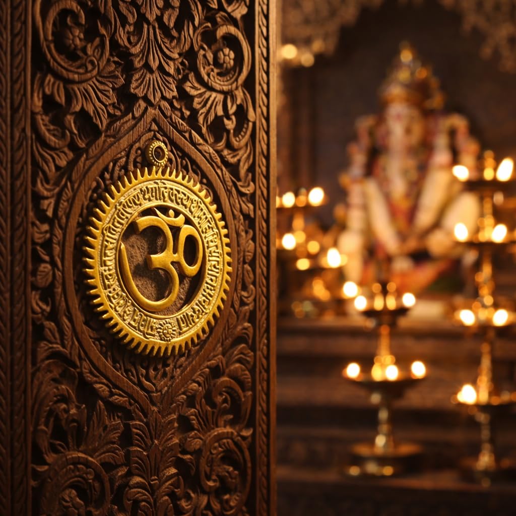 IBA Indianbeautifulart Handcrafted Om Symbol With Gayatri Mantra Wall Hanging Sculpture - Metal Decorative Showpiece, Ideal For Home, Office, Temple Decor, And Navratri Gifts, Hindu Religious Wall Art