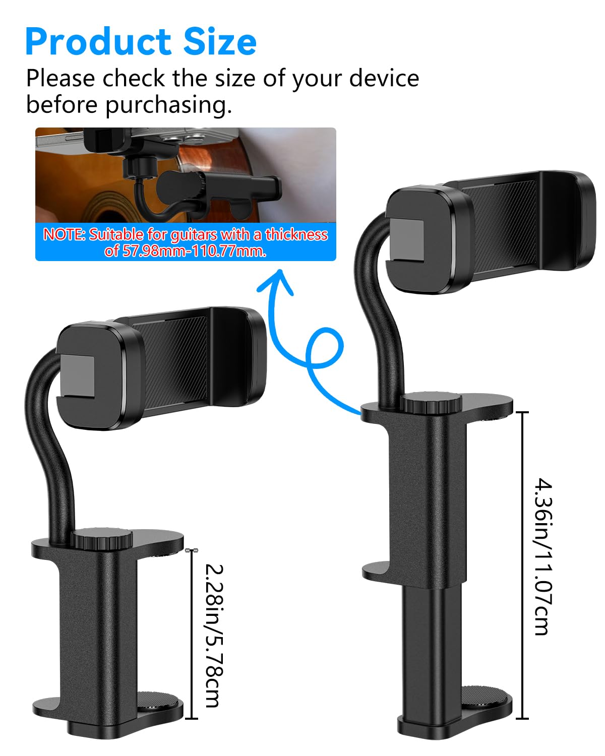 Support de Téléphone pour Guitare- Support Universel pour Smartphone pour Guitare, Basse, Ukulélé, Rotatif à 360° et Réglable, Idéal pour La Diffusion en Direct et l'enseignement en Ligne