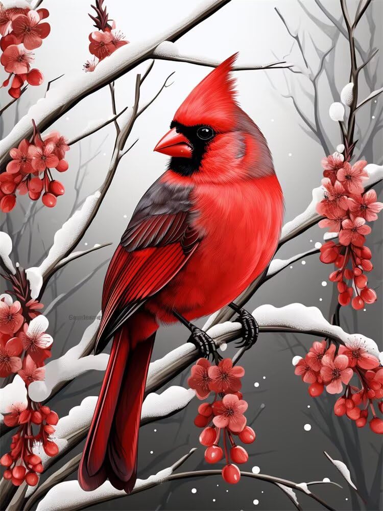 Diamond Painting Kits for Adults, 5D Red Bird Diamond Art Kits, Full Drill Diamond Painting Winter for Beginners, Crystal Art Paintings Dimond Art Kit for Home Wall Decor Gifts 30x40cm/12x16inch
