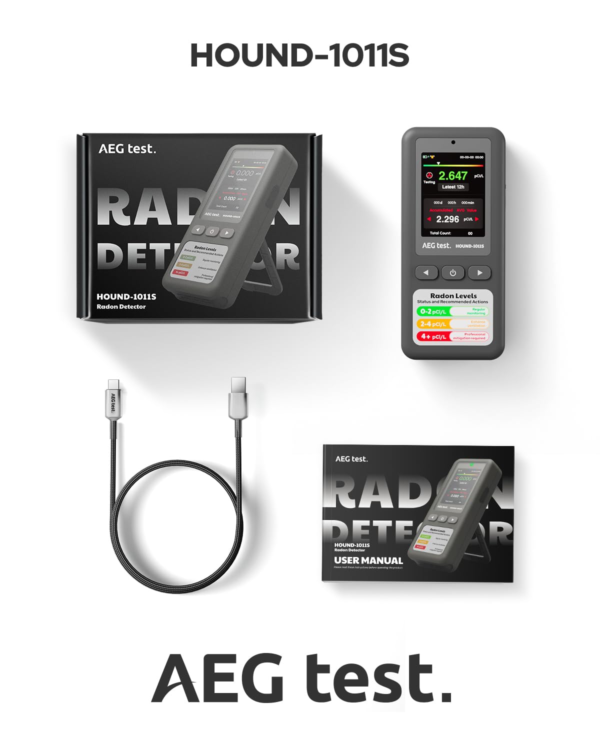 HOUND-1011S Detector de radón portátil, Sensor de Alta precisión para el hogar, Ligero, Alarmas sonoras y visuales, Monitoreo a Largo Plazo, Probador de radón fácil de Usar en pCi/L o Bq/m³