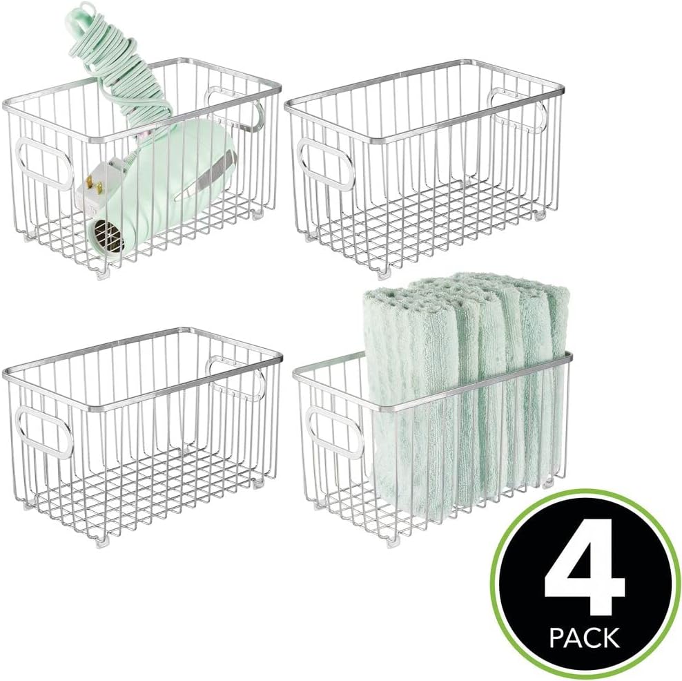 mDesign Metal Bathroom Storage Organizer Basket Bin - Modern Wire Grid Design - for Organization in Cabinets, Shelves, Closets, Vanity Countertops, Bedrooms, Under Sinks, 4 Pack - Chrome
