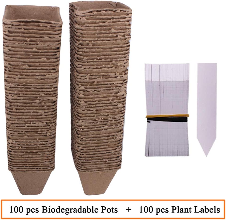 100 Pack 3.15" Square Biodegradable Peat Pots Plant Seedling Saplings & Herb Seed Starters Kit with 100 Pcs White Plastic Plant Labels