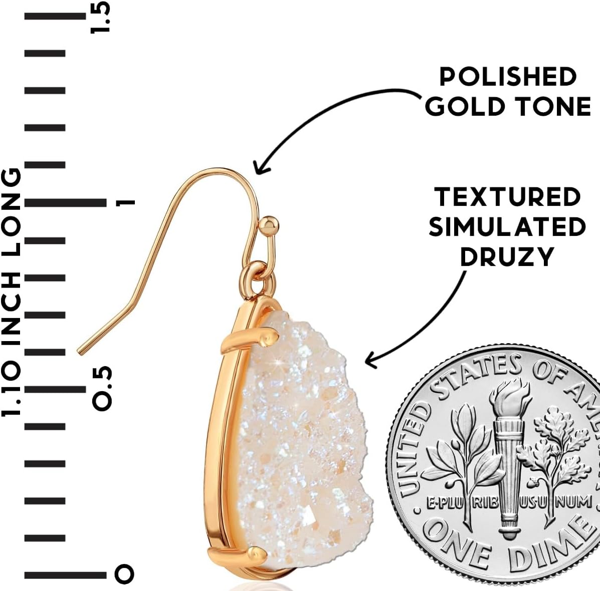 Teardrop Dangle Earrings for Women with Simulated Druzy Stones in Gold or Silver Tone - Image 3