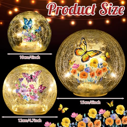Image of 3pcs Spring Crackle Glass Ball Lights - Butterfly Ball Lamp Ornaments Indoor Globes Decorations LED Night Tabletop Decorative Sphere Lamp for Home Decor