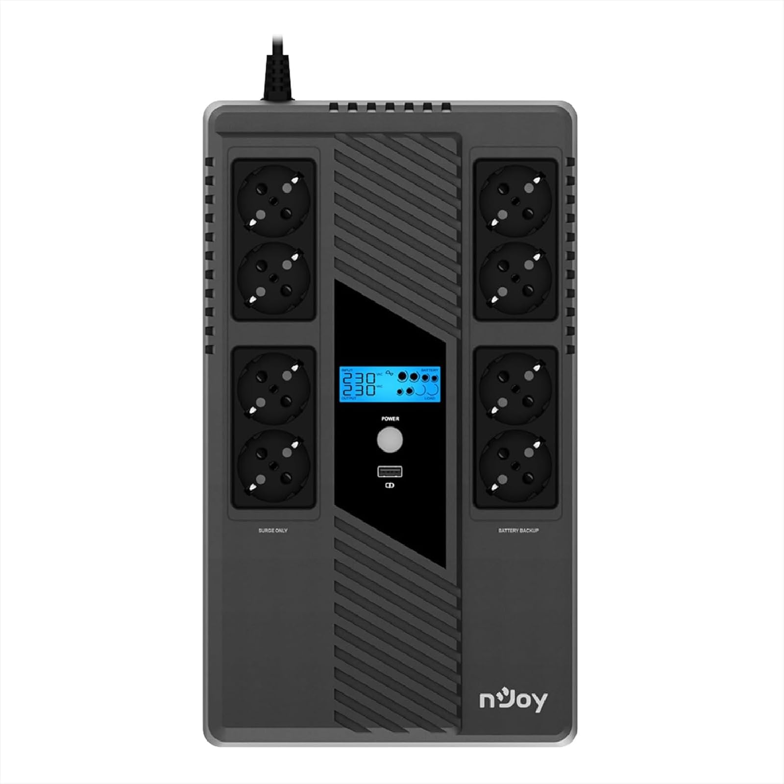NJOY Token 800 UPS Gruppo di Continuità 800VA 480W | 8 Prese Schuko | Tecnologia Line Interactive AVR | Caricatore USB 2.1A | Display LCD | Software PC Incluso | Protezione Blackout per PC Router NAS