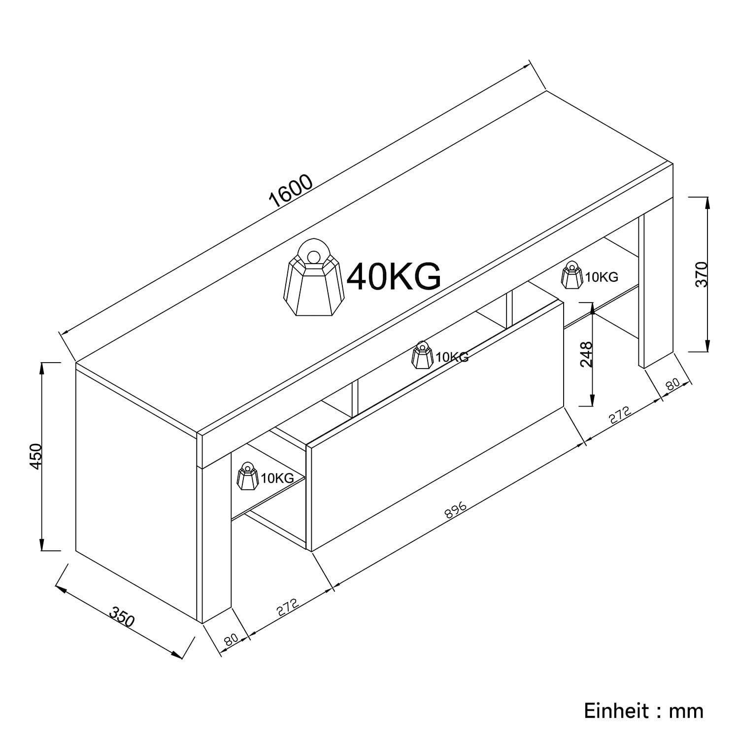 SONNI Meuble TV moderne de 160 cm, blanc brillant avec éclairage LED, tiroir, étagères en verre ouvertes, pour TV jusqu'à 65" salon et chambre à coucher, 160 x 35 x 45 cm