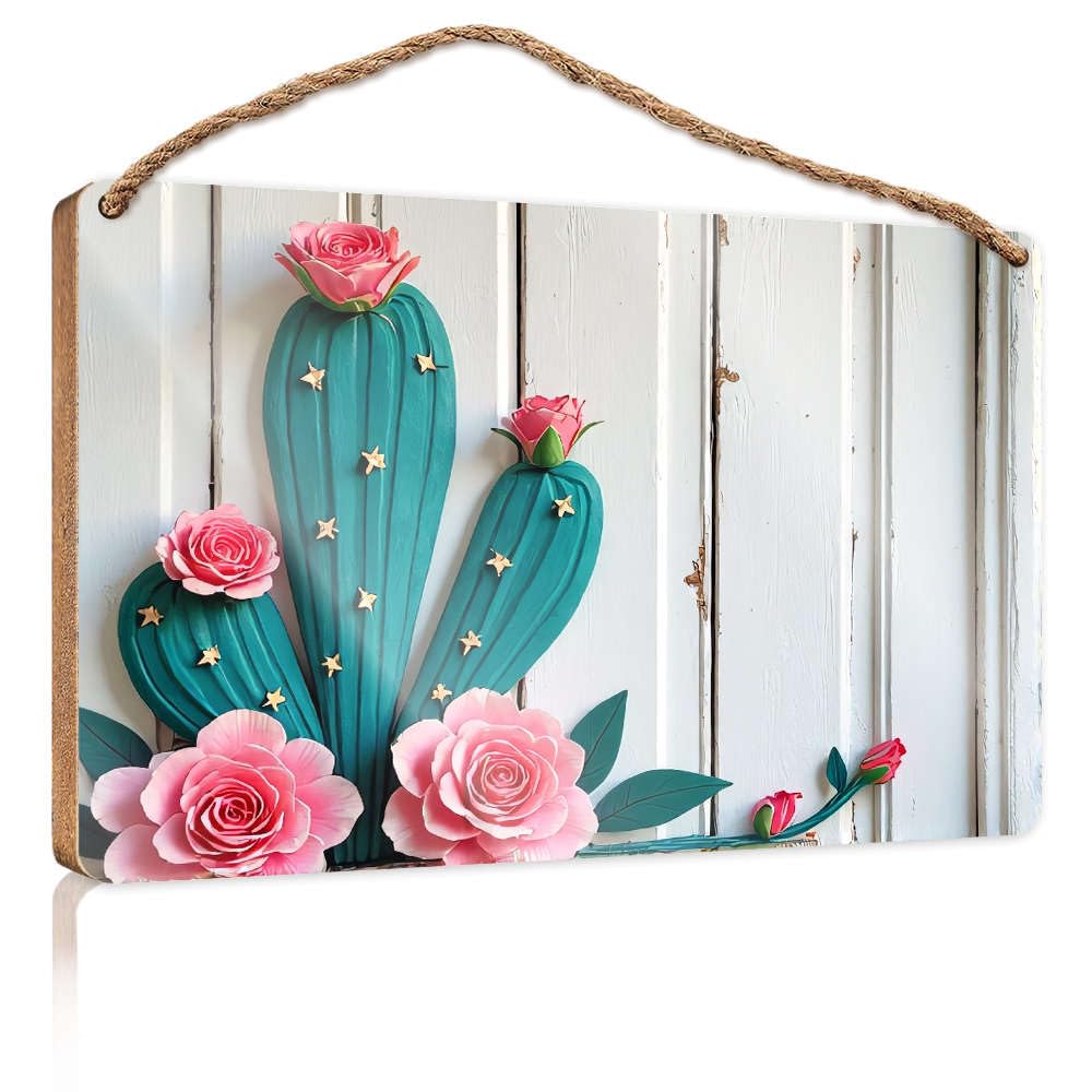 Bathroom Hanging Decor Cactus With Pink Flowers On White Wooden Background. Camper Decor Fall Porch Decor(23X35CM)