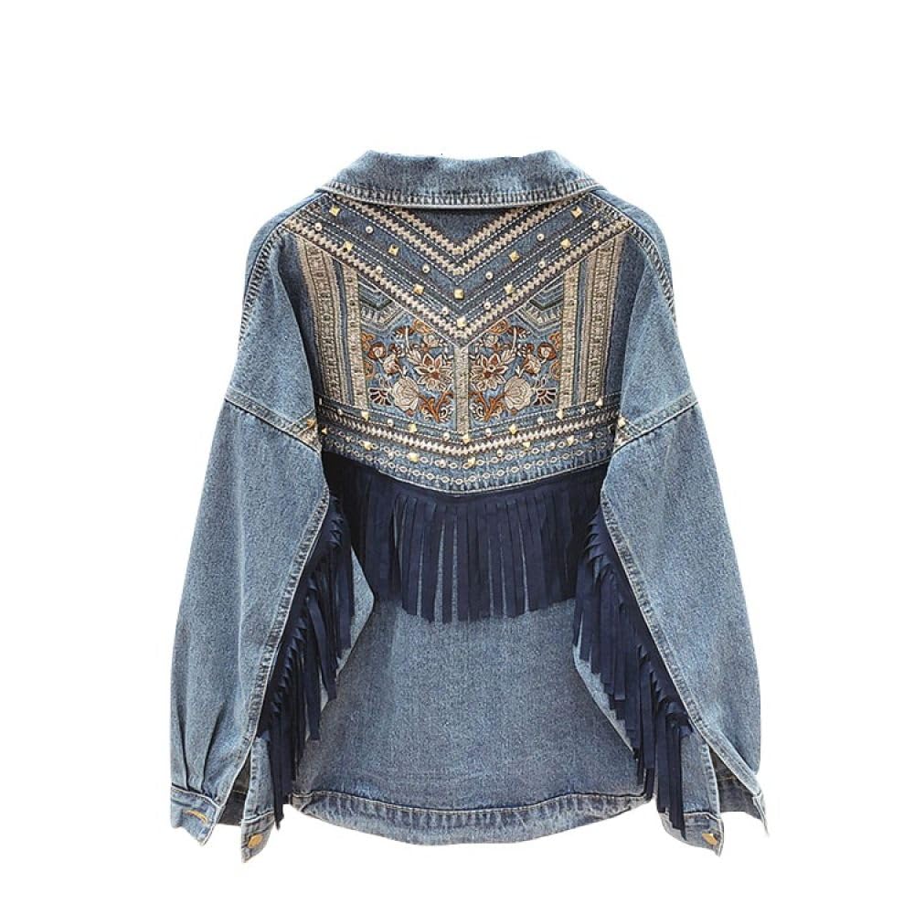 Giubbino Donna Con Nappe Boho E Ricami Floreali In Camoscio - Giacca Di Jeans Con Frange Top Su Misura Elasticizzato Con Bottoni Trucker Cappotto Cardigan Corto