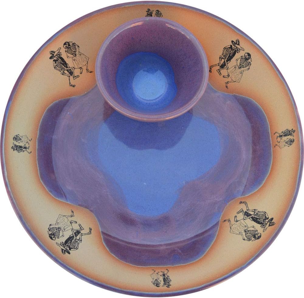 ALWAYS AZUL POTTERY Chip and Dip Party Plate Dancing Skeletons & Luscious Too Glaze- Handmade Ceramic Serving Platter & Dipping Bowl- Traditional Polished Stoneware- Serving Dish Snacks & Appetizers