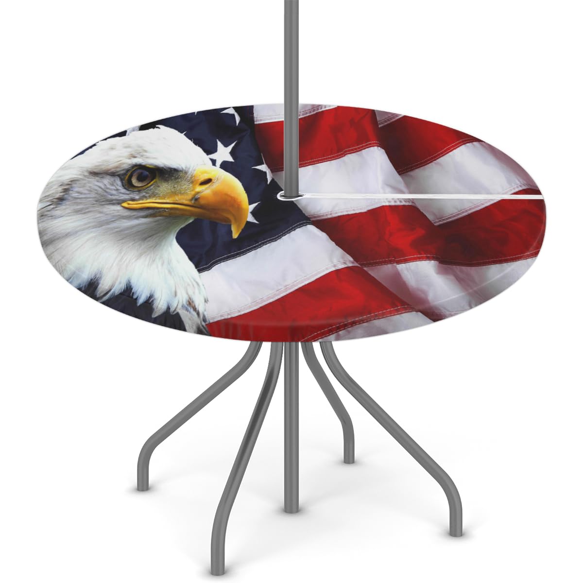 XMNYGJ 4th of July American Eagles Round Fitted Tablecloth with Umbrella Hole Zipper for Patio Picnic Tables Elastic Outdoor Table Cover Waterproof and Stain Resistant 45-56 Inch
