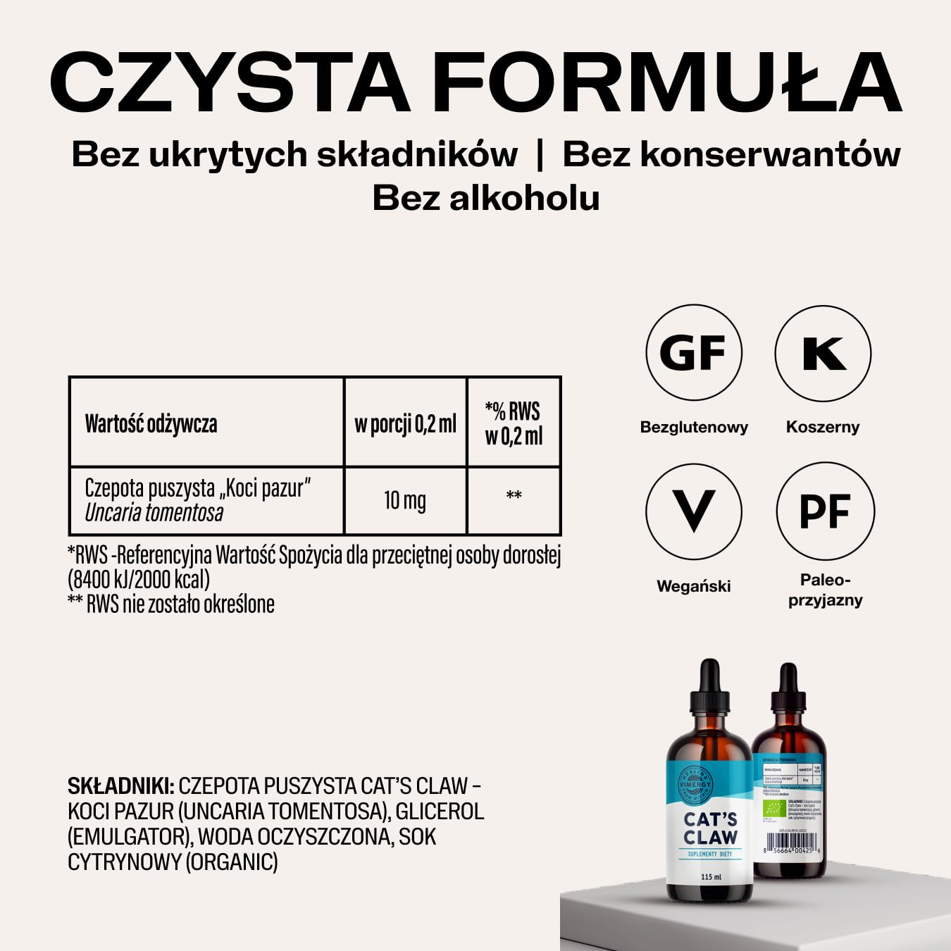 Vimergy Koci Pazur, 115 Porcji – Gliceryt Koci Pazur w Płynie – Wegański Suplement – Bez Cukru i Substancji Wiążących – Bez GMO i Bezglutenowy (115 ml)