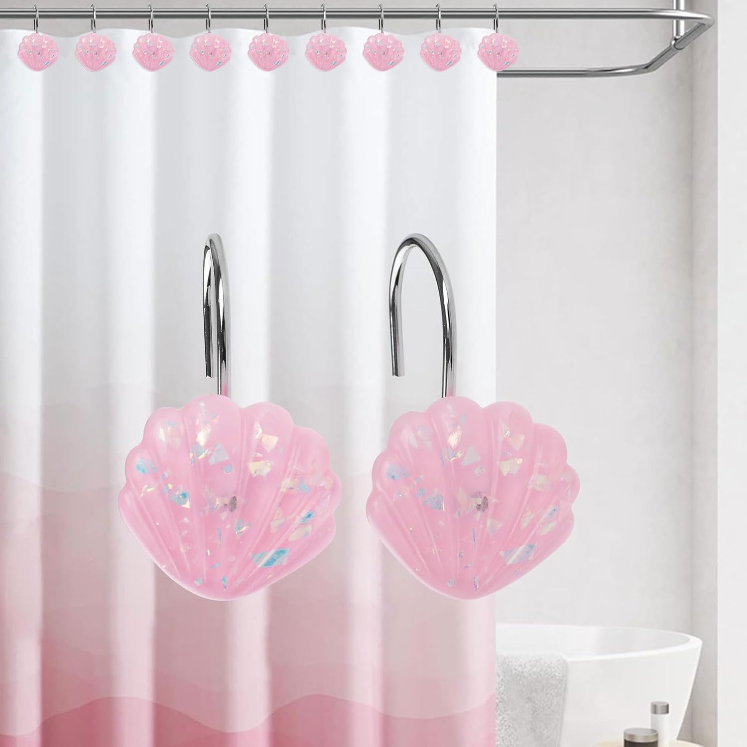 12Pcs Seashell Shower Curtain Hooks Decorative Seaside Bling Shower Rings for Curtain and Shower Rod Smooth Sliding S Shaped Hooks Hangers Bathroom Accessories (Pink)
