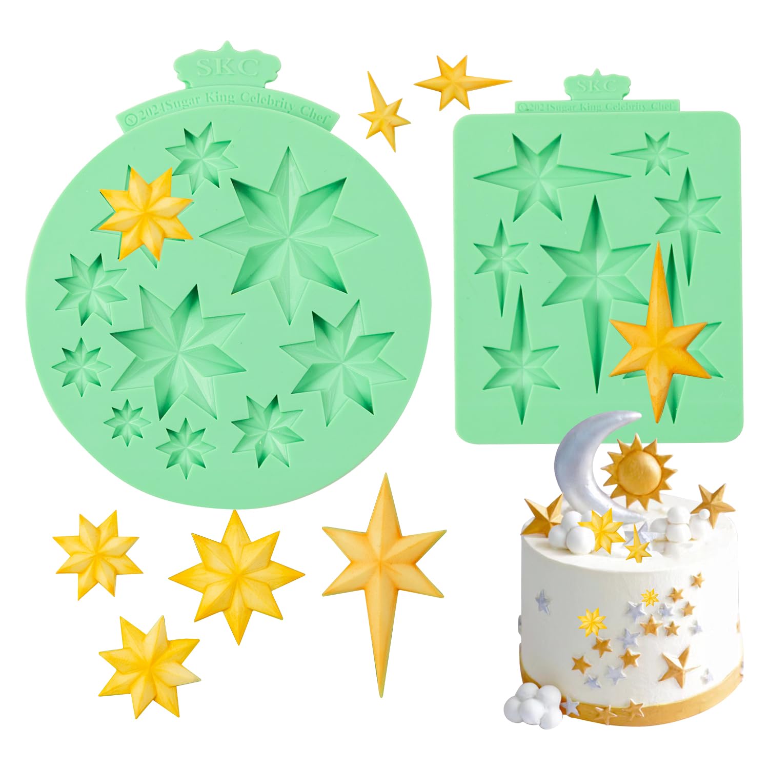 KALAIEN Moldes de silicona con forma de estrella, 2 moldes de chocolate con estrellas para hornear dulces, molde de resina de estrella (estrella de seis/siete puntas)