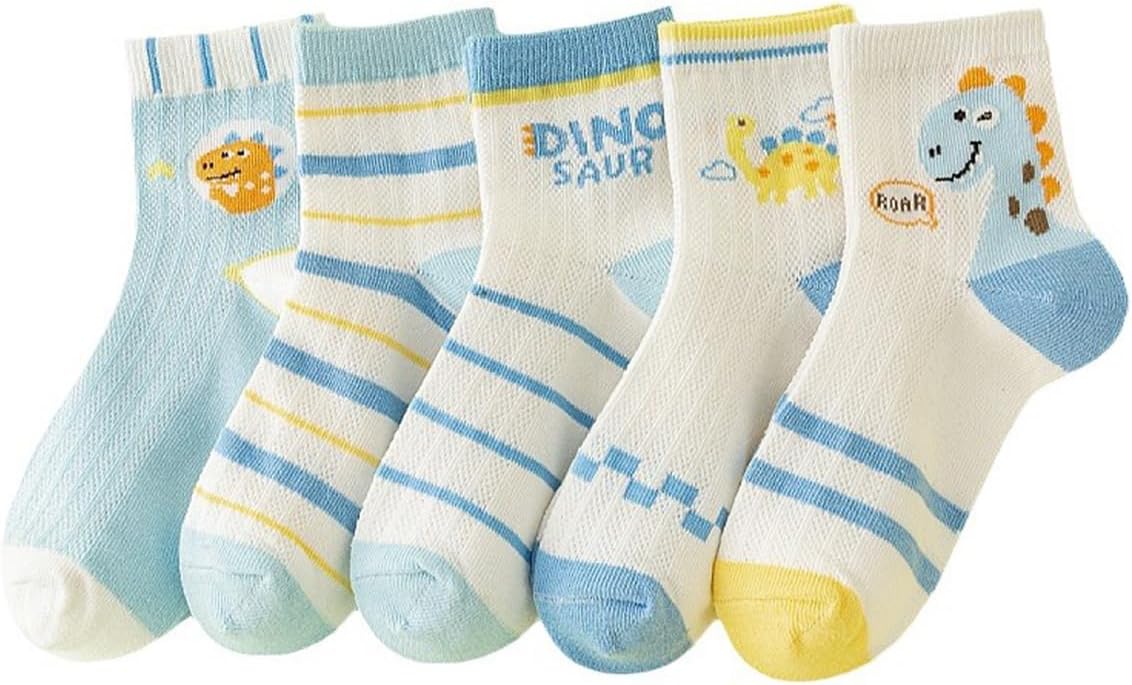5 Pairs Baby Girl & Baby Boy Socks, Toddlers Infant Cotton Stretch Crew Socks with Dianasor Design, Suitable for 9 Months to 2 Years baby