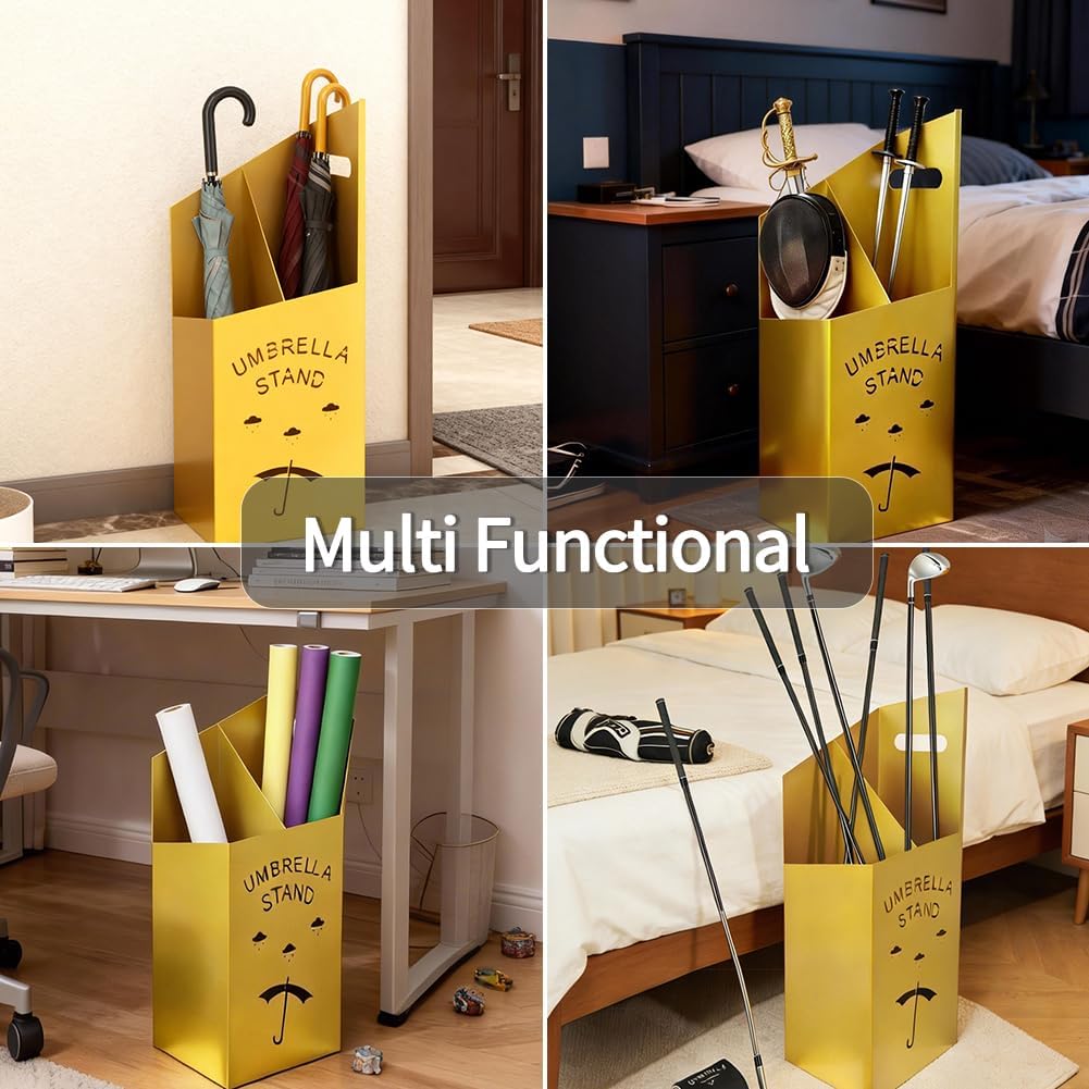 9.84" D x 7.87" W x 23.62" H Detachable Base Umbrella Stand - Elegant Raindrop Design, Water Collection Tray, Gold/Black Finish, Durable Home & Office Organizer