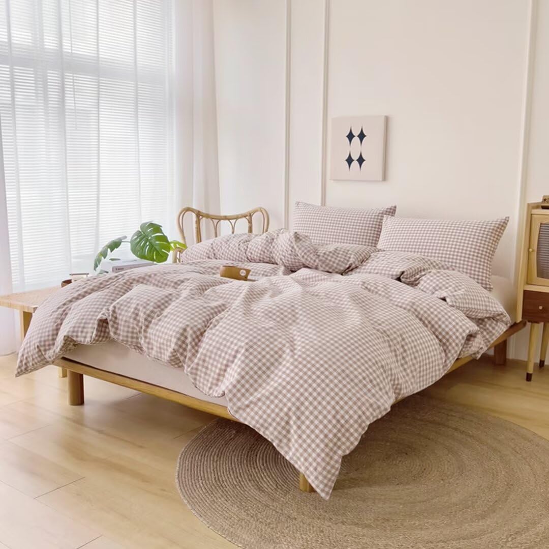 Ruccit Beige Gingham Duvet Cover King Size 100% Washed Cotton Tan Plaid Grid Duvet Cover Set King Checkered Pattern 3PCS Quilt Cover Bedding Set including Zipper Closure Corner Ties,Soft,Breathable - Image 2