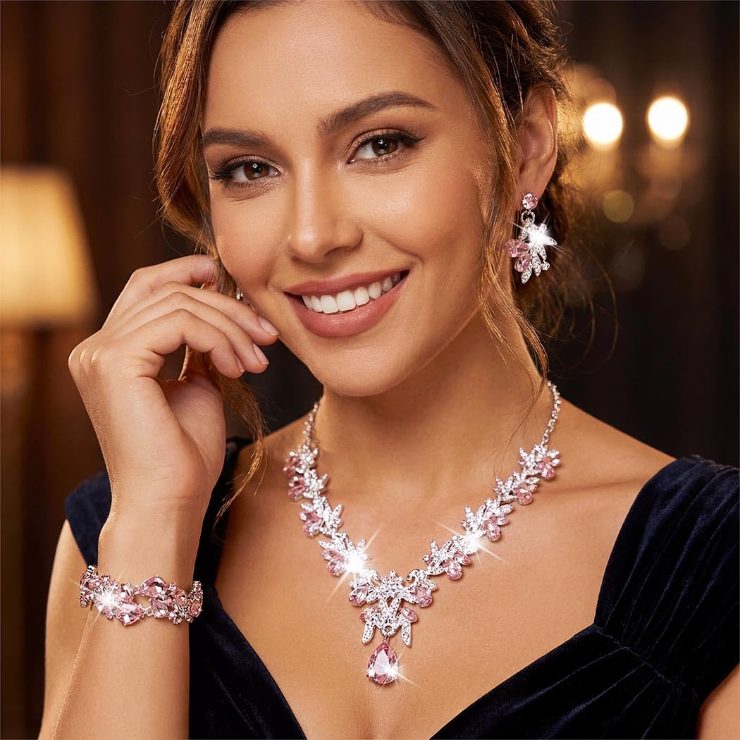 Unicra Gold Jewelry Sets Rhinestone Wedding Necklace Earrings Bracelet Set Prom Formal Indian Costume Jewelry for Women and Brides image 3