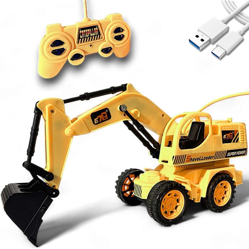 DHAMAKA VROOM Remote Control JCB Toy – USB Rechargeable Excavator Construction Vehicle with 4-Way RC, Flashing Lights, Realistic Sound, Moving Shovel Arm for Kids (Model 8037, Yellow)-image-30