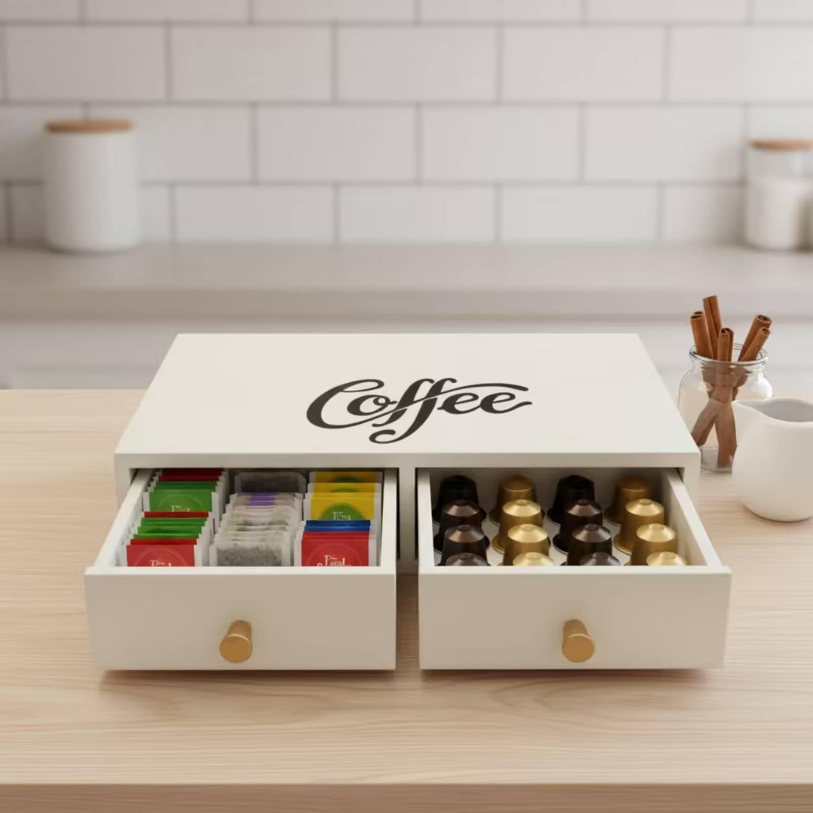 Kaffeemaschinen-Unterlage mit Schubladen stabil Kaffee-Organizer mit Schubladen schlank Küchenorganizer für Kaffeeliebhaber