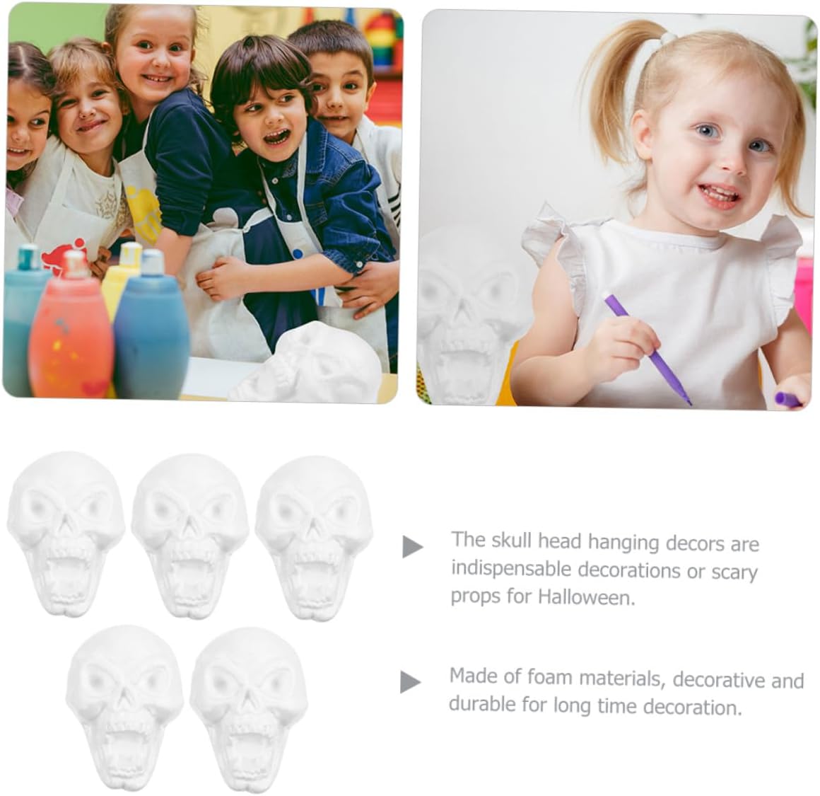 OSALADI 5pcs Halloween Foam Skull Hanging Ornaments, Painted White Skull Heads DIY Pendants for Halloween Party Decoration and Home Hanging Décor