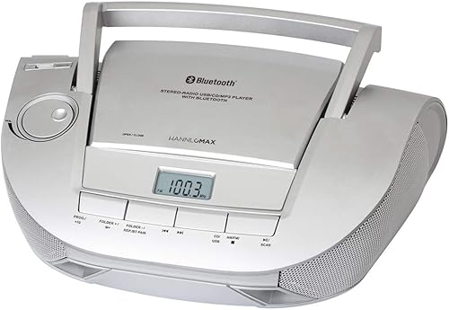HANNLOMAX Boombox de CD portátil HX-328CD con radio AMFM, Bluetooth, puerto USB para reproducción de MP3, fuente de alimentación dual ACDC Aux-in.