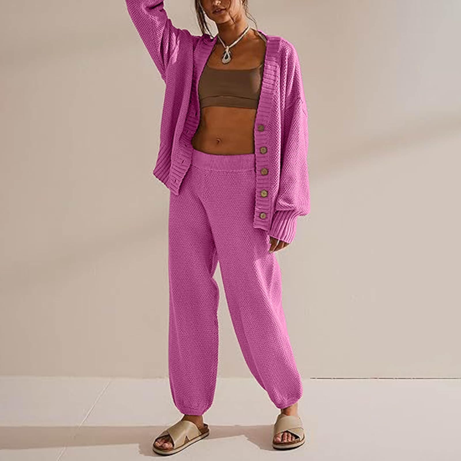Homewear Ensemble de 2 pièces en tricot pour femme Coupe ample Taille S à | Survêtement pour femme - Pantalon surdimensionné - Col en V - Combinaison de loisirs avec boutons - Veste de transition unie