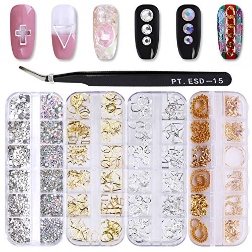 NICOLE DIARY 4 Boxes Nail Rhinestones kit Multi-size Gems Metal Nail Rivets Studs Colorful Nail Art Decoration Set and 1...