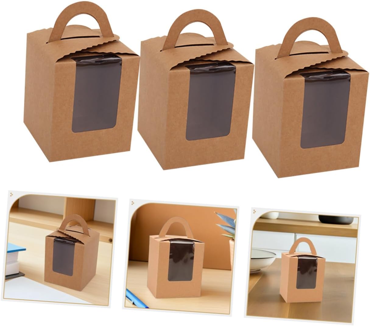 VALICLUD 50pcs Paper Cupcake Boxes with Window Kraft Paper and Pet Material, Single Cupcake Carrier with Window Design for Easy Inspection and Showcasing, for Family Gatherings and Party